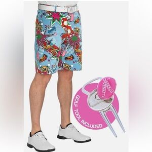Royal & Awesome Men`s Golf Shorts Partoon Blue Comic Book